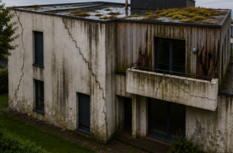 Maison dégradée : façade fissurée, coulures et végétation envahissant la toiture