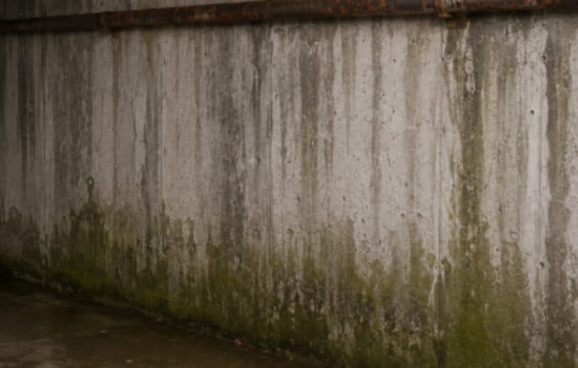 Mur en béton marqué par l'humidité et les mousses en pied