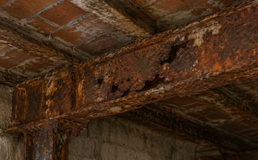 Poutre métallique fortement corrodée sous un plancher ancien