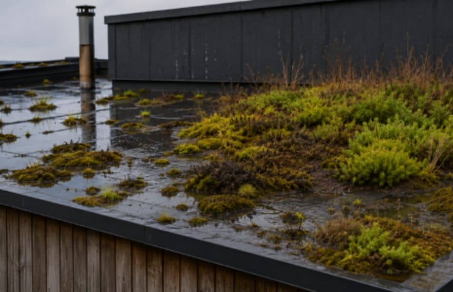 Toiture-terrasse végétalisée avec eau stagnante en surface