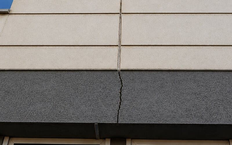 Façade avec fissure en zigzag au niveau d'un joint de dilatation, entre bardage clair et enduit foncé