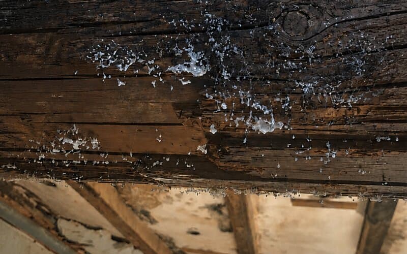 Poutre en bois sombre couverte de mycélium blanc, signe d'humidité et d'attaque xylophage